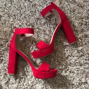Red suede block heels